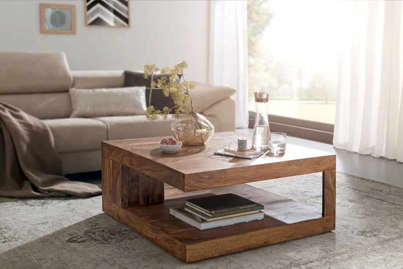 Couchtisch Sheesham Massivholz 90x90cm Dunkelbraun Landhausstil Ablage
