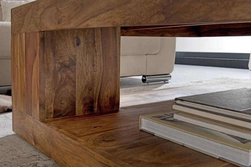Couchtisch Sheesham Massivholz 90x90cm Dunkelbraun Landhausstil Ablage