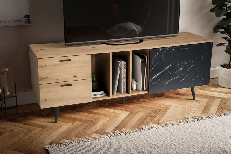 Lowboard Eiche-Dekor Marmor-Look Schwarz 150x55x40cm TV-Schrank Modern