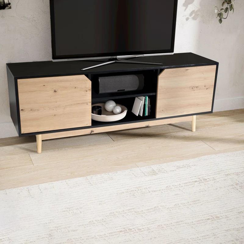 Lowboard Schwarz Eiche-Dekor 150x55x40cm TV-Kommode Modern Türen