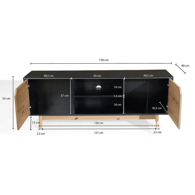 Lowboard Schwarz Eiche-Dekor 150x55x40cm TV-Kommode Modern Türen