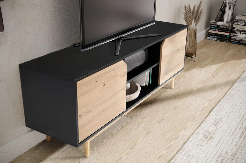 Lowboard Schwarz Eiche-Dekor 150x55x40cm TV-Kommode Modern Türen