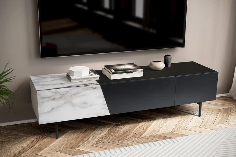 Lowboard Schwarz Marmor-Dekor Weiß 150x40x40cm TV-Kommode Modern