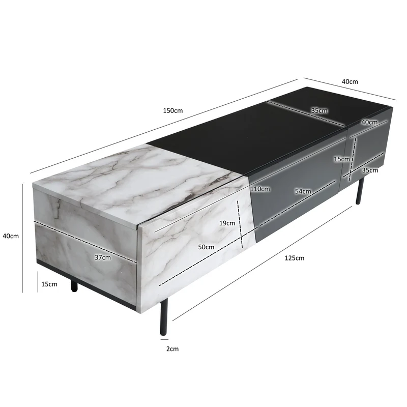 Lowboard Schwarz Marmor-Dekor Weiß 150x40x40cm TV-Kommode Modern