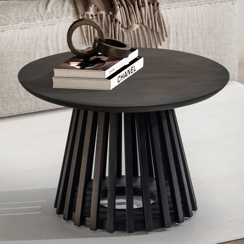 Couchtisch Mango Massivholz Rund 60x60x41cm Schwarz Modern Gittergestell