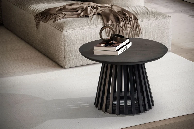 Couchtisch Mango Massivholz Rund 60x60x41cm Schwarz Modern Gittergestell