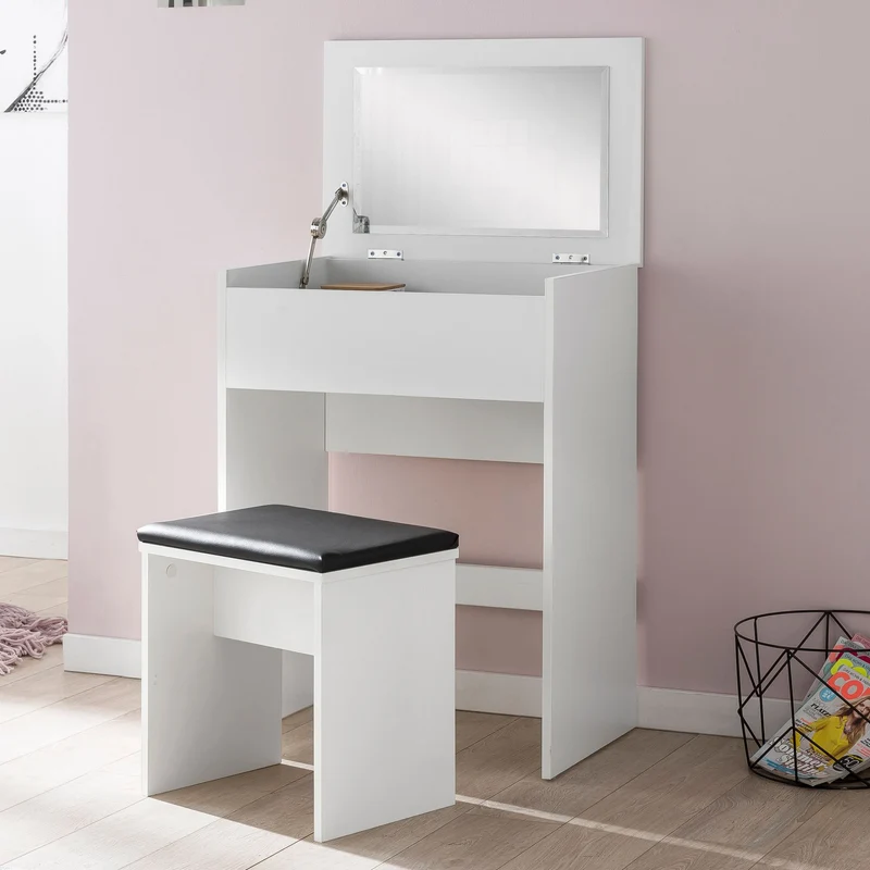 Schminktisch WL5.730 60x81x40cm Holz Weiß mit Hocker & Spiegel Modern
