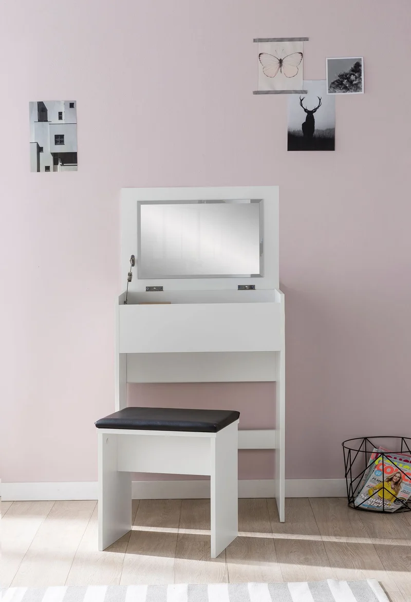 Schminktisch WL5.730 60x81x40cm Holz Weiß mit Hocker & Spiegel Modern