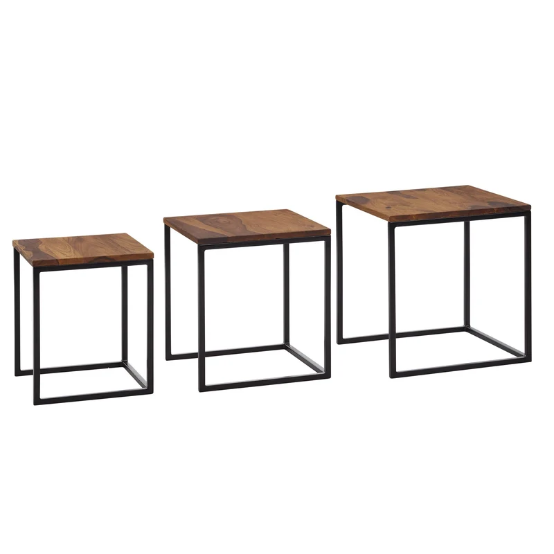 Satztisch 3er Set Sheesham Massivholz Metall Modern Eckig Wohnzimmer