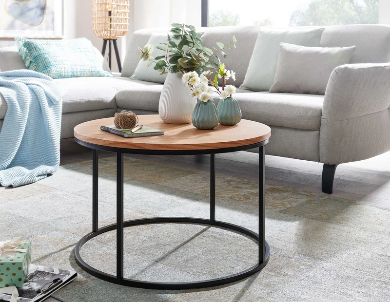 Couchtisch 70x70x45cm Eiche Holz Metall Modern Rund Wohnzimmer