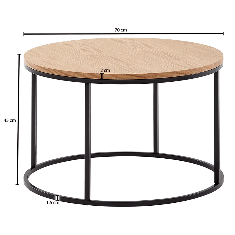 Couchtisch 70x70x45cm Eiche Holz Metall Modern Rund Wohnzimmer