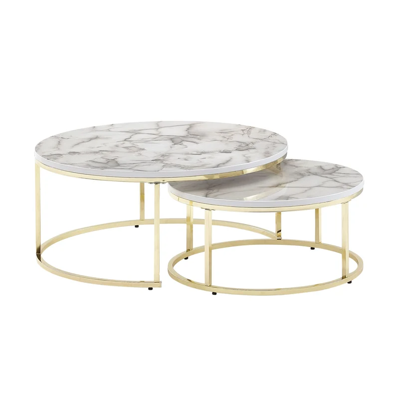 Couchtisch 2er Set Rund Weiß Gold Marmoroptik Metall Modern