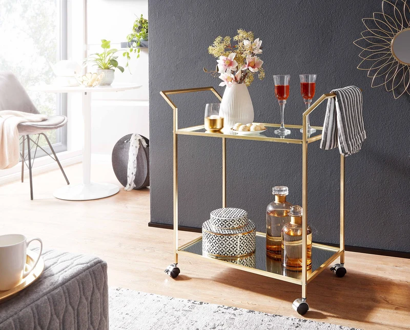 Servierwagen Gold Glas Metall 73x78x37cm Beistelltisch auf Rollen