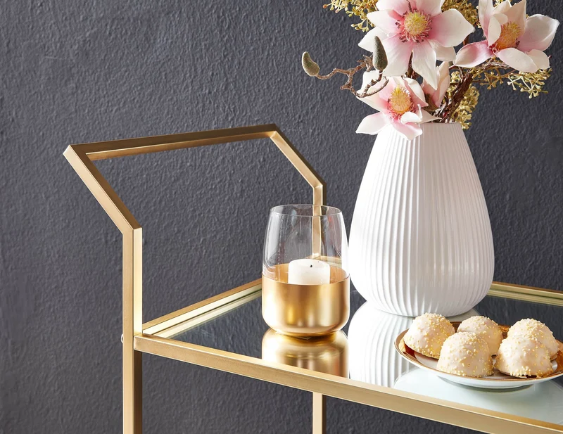 Servierwagen Gold Glas Metall 73x78x37cm Beistelltisch auf Rollen