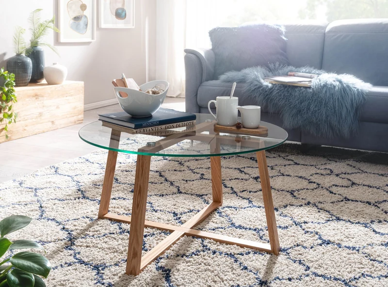 Couchtisch Eiche Massivholz Glas Rund 78x78x41cm Modern Wohnzimmer