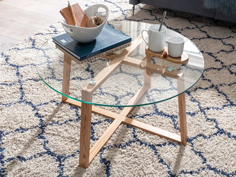 Couchtisch Eiche Massivholz Glas Rund 78x78x41cm Modern Wohnzimmer