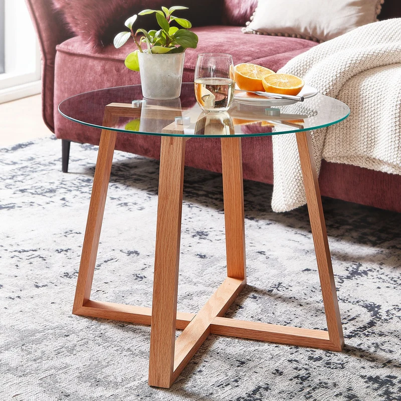 Couchtisch Eiche Massivholz Glas Rund 58x58x47cm Modern Wohnzimmer