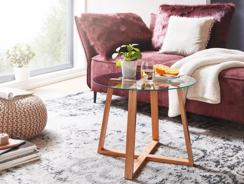Couchtisch Eiche Massivholz Glas Rund 58x58x47cm Modern Wohnzimmer