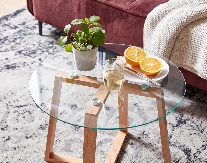 Couchtisch Eiche Massivholz Glas Rund 58x58x47cm Modern Wohnzimmer