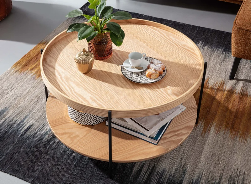 Couchtisch 78x78x40cm Eiche Metall Rund Modern mit Ablage Wohnzimmer