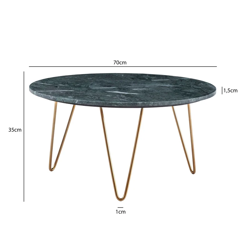 Couchtisch Marmor Grün 70x70x35cm Metall Gold Dreibein Modern
