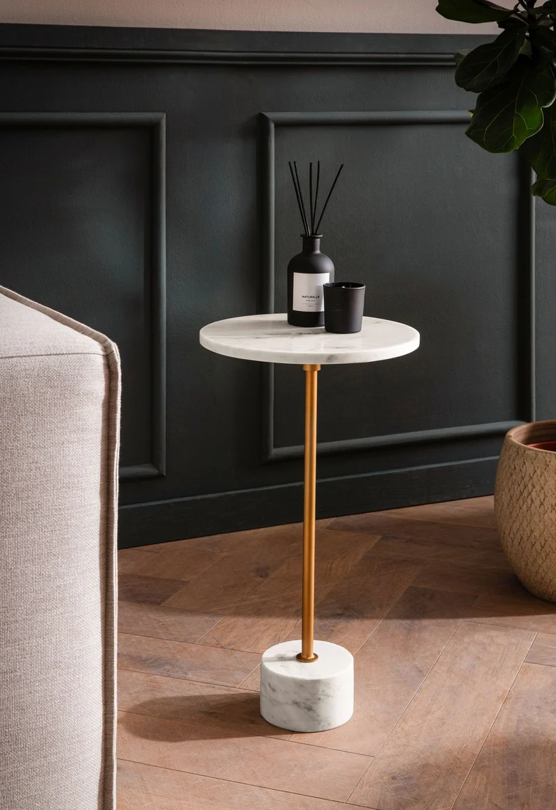 Beistelltisch Marmor Metall 30x30x55,5cm Weiß Gold Rund Modern