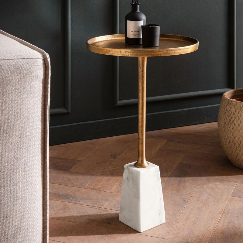 Beistelltisch Marmor Metall 34x34x58cm Gold Weiß Rund Modern