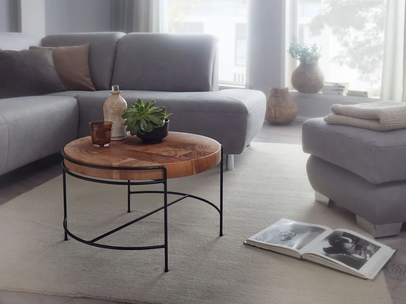 Couchtisch Akazie Massivholz Metall Rund Industrial 62x40x62cm