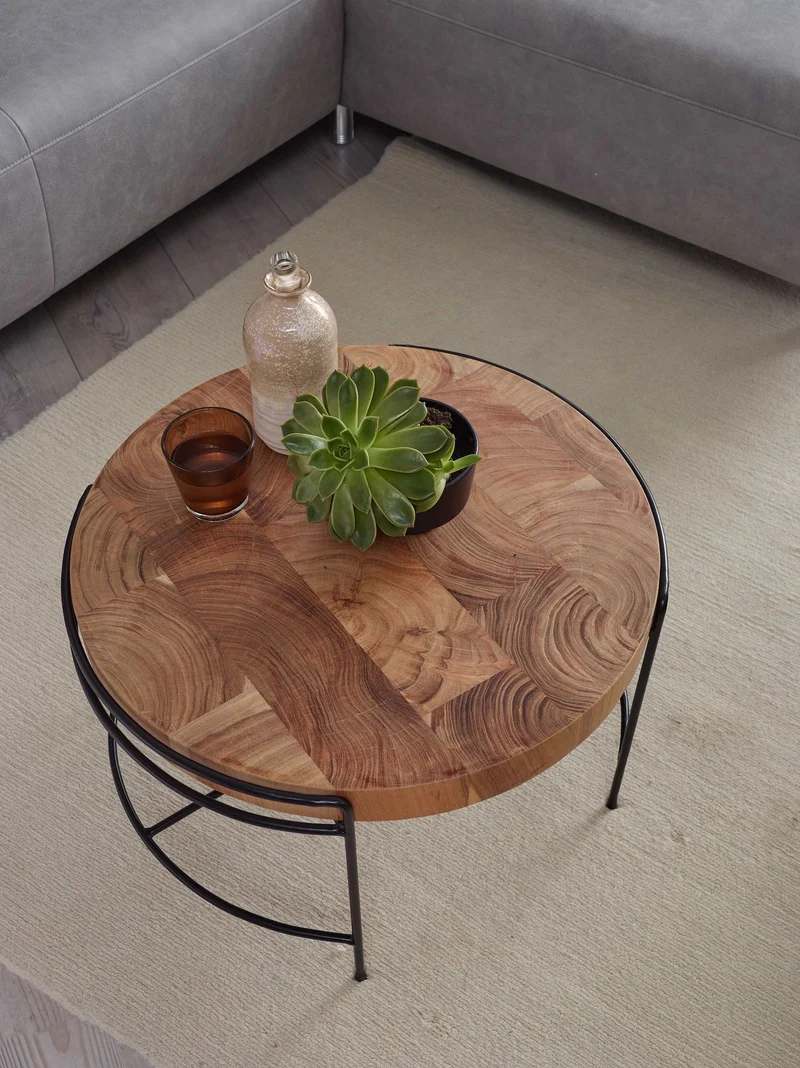 Couchtisch Akazie Massivholz Metall Rund Industrial 62x40x62cm