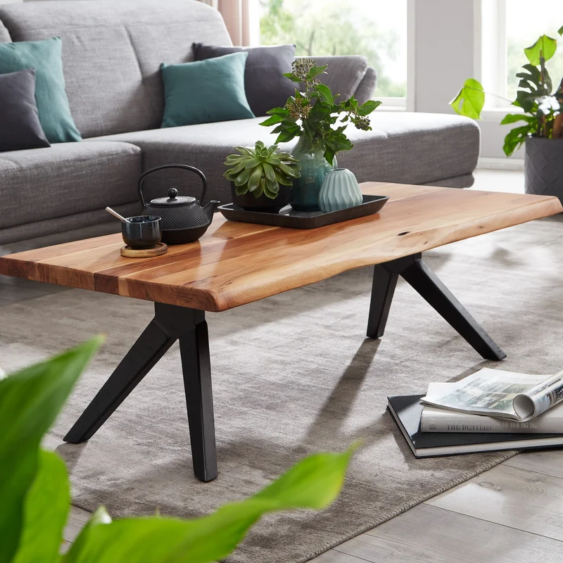 Couchtisch Akazie Massivholz Metall Baumkante Industrial Braun 115x37x64cm