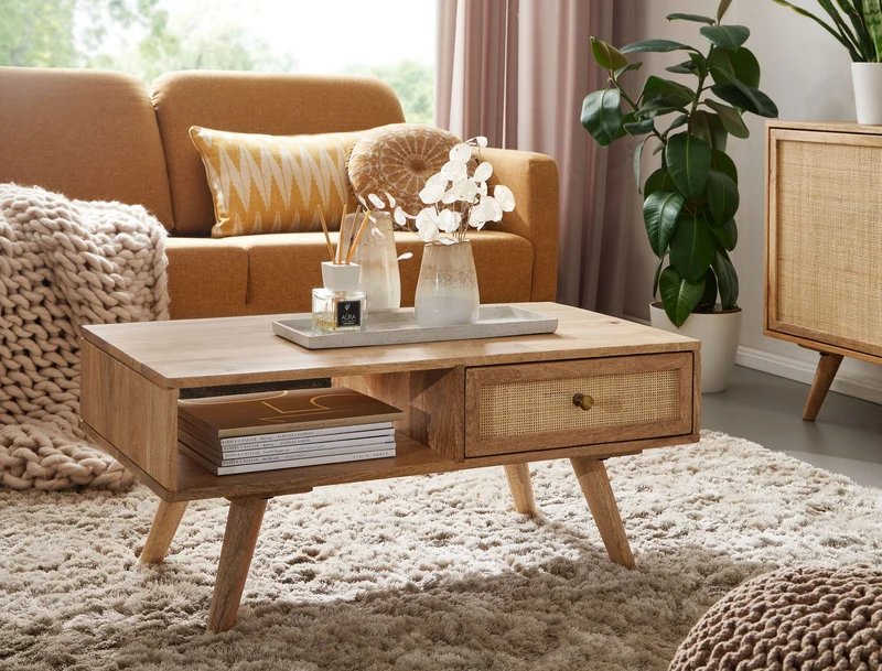 Couchtisch Mango Massivholz Rattan 90x40x45cm mit Stauraum Schublade