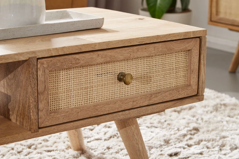Couchtisch Mango Massivholz Rattan 90x40x45cm mit Stauraum Schublade