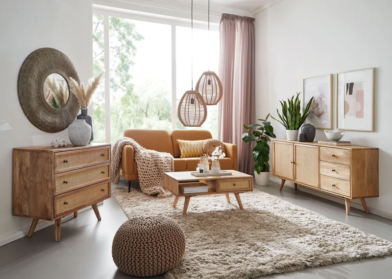 Couchtisch Mango Massivholz Rattan 90x40x45cm mit Stauraum Schublade