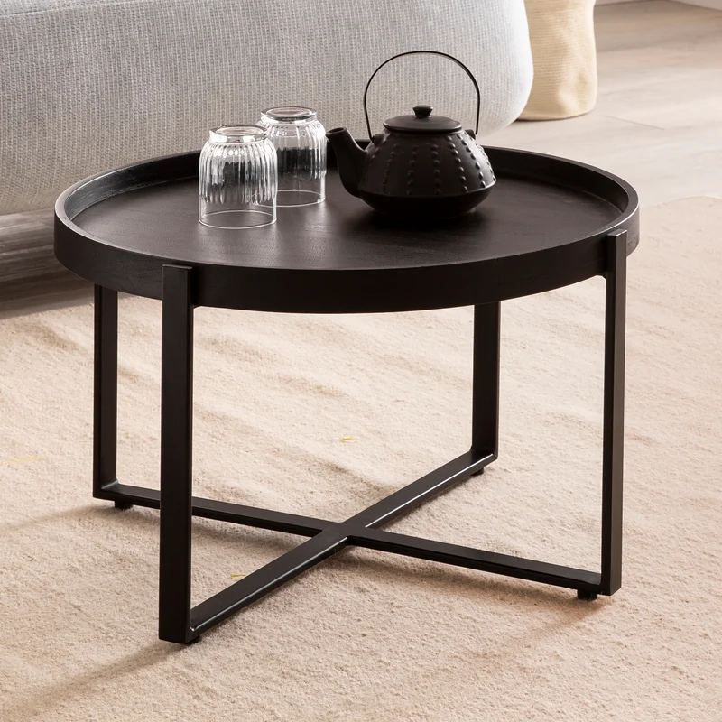 Couchtisch 60x60x35cm Mango Massivholz Metall Schwarz Industrial Rund