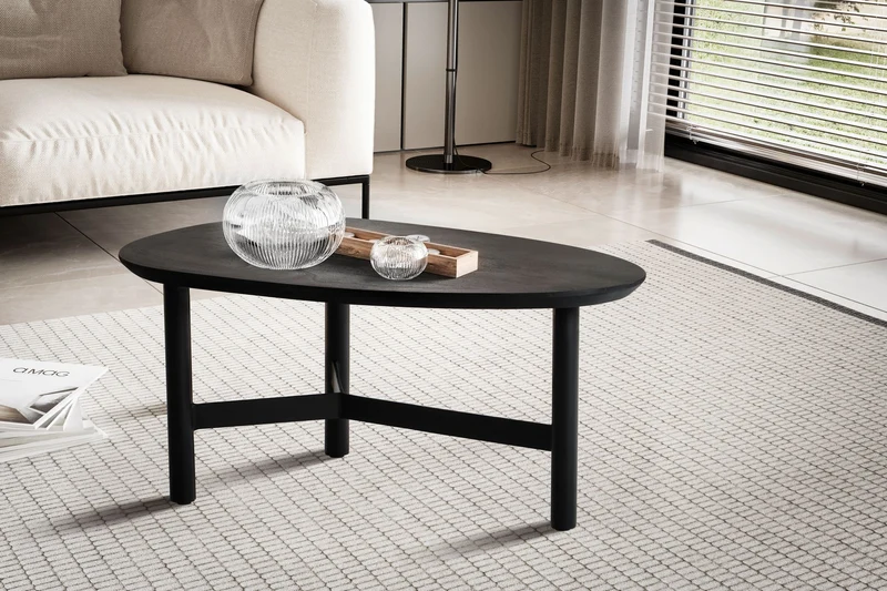 Couchtisch Mango Massivholz Metall Schwarz Nierenform Modern 86x50x37cm
