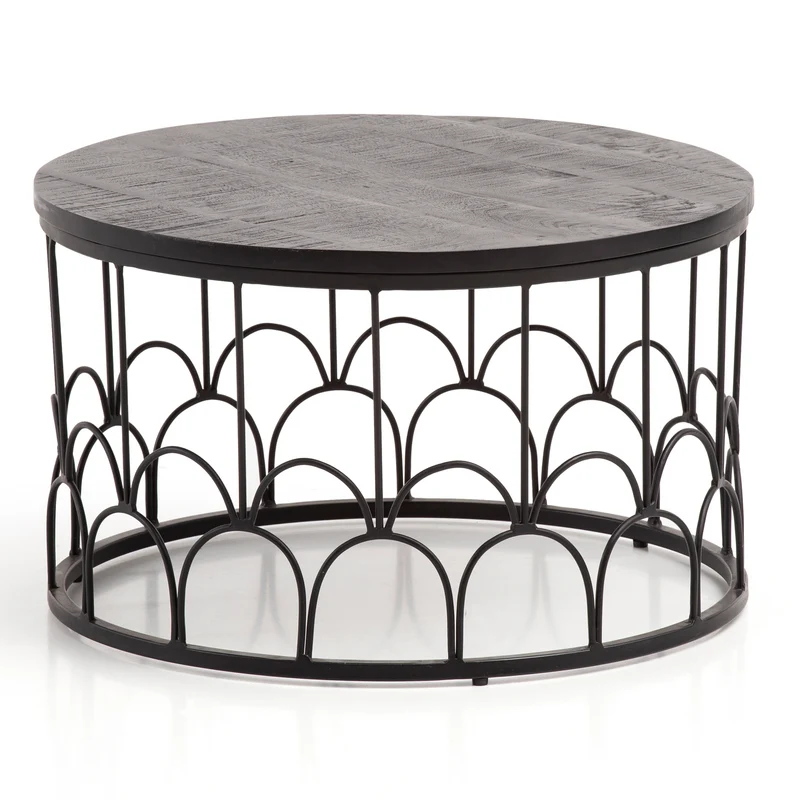 Couchtisch 60x60x36cm Mango Massivholz Metall Schwarz Industrial Rund