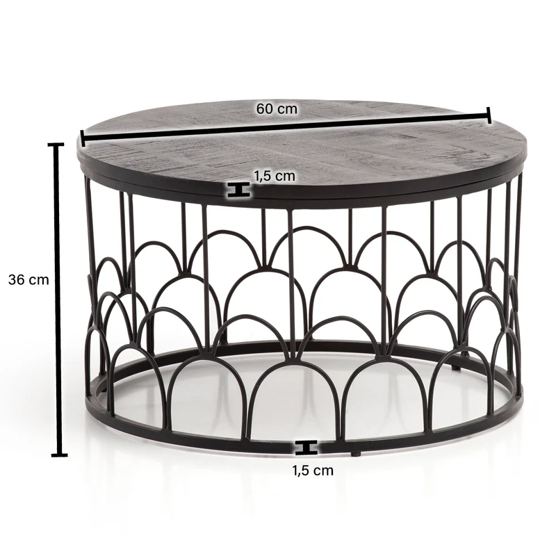 Couchtisch 60x60x36cm Mango Massivholz Metall Schwarz Industrial Rund