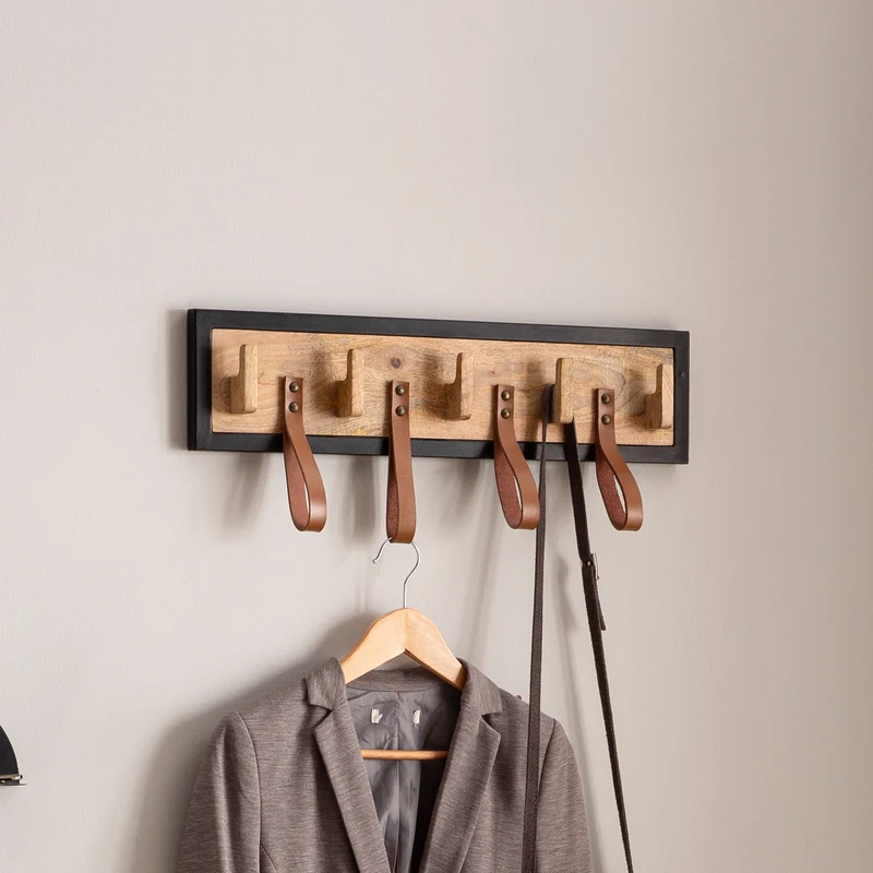 Wandgarderobe Mango Massivholz Leder 60x15x6cm Hakenleiste Metallrahmen