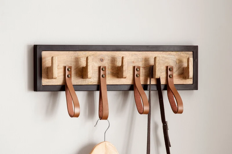 Wandgarderobe Mango Massivholz Leder 60x15x6cm Hakenleiste Metallrahmen