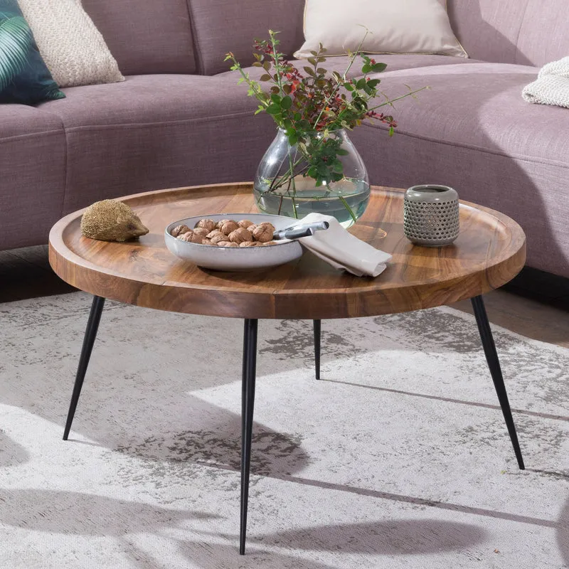 Couchtisch WL5.678 Sheesham Massivholz Metall Rund Retro Braun 75x39x75cm