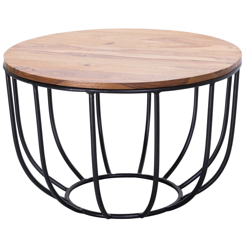 Couchtisch WL5.677 Sheesham Massivholz Metall Rund Industrial Braun