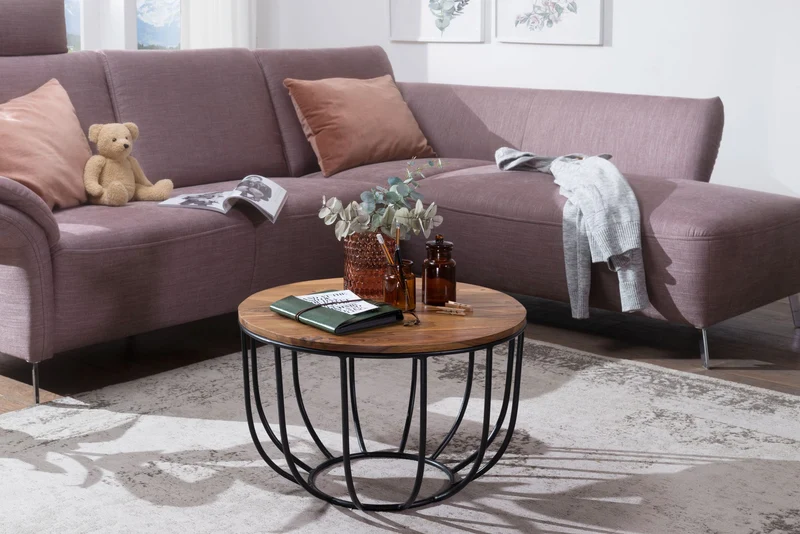 Couchtisch WL5.677 Sheesham Massivholz Metall Rund Industrial Braun
