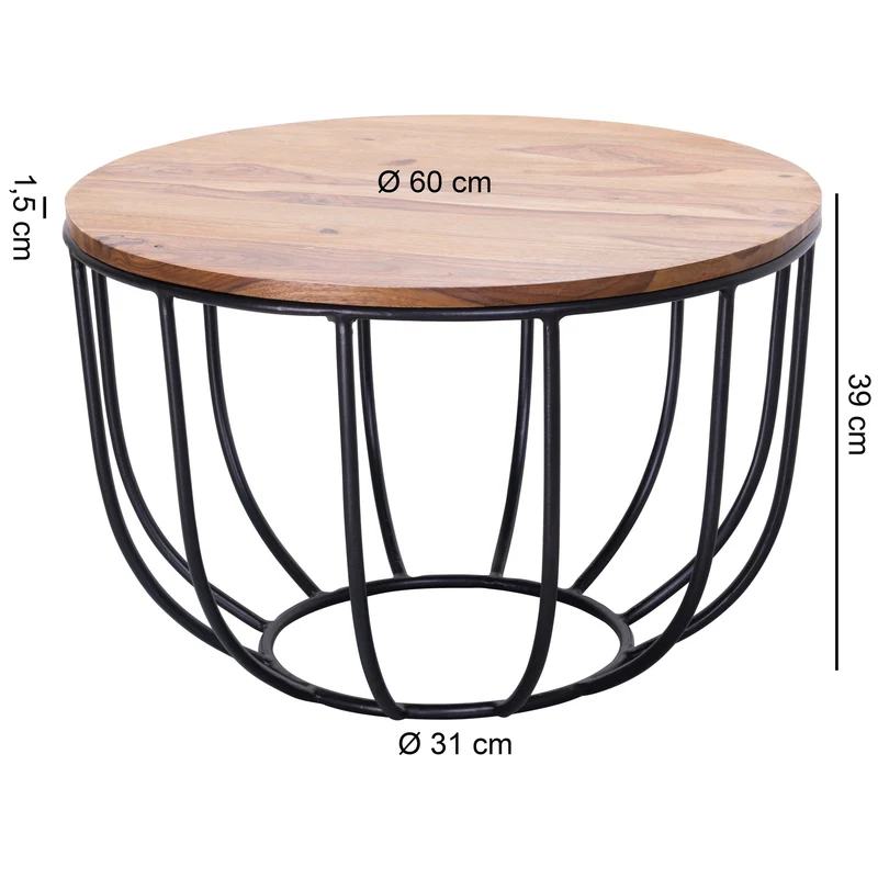 Couchtisch WL5.677 Sheesham Massivholz Metall Rund Industrial Braun