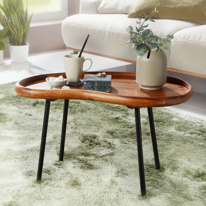 Couchtisch WL5.670 Sheesham massiv Nierenform Metallbeine 71x42x40cm