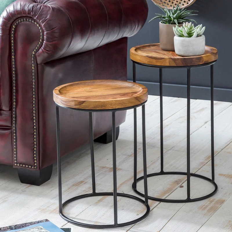 Satztisch Set WL5.661 Sheesham Metall 2er Massivholz Wohnzimmertisch