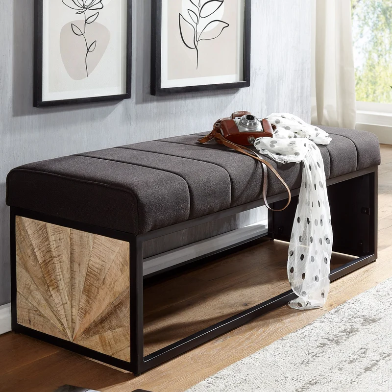Sitzbank Polsterbank 105x40x40cm Stoff Schwarz Metallgestell Flur