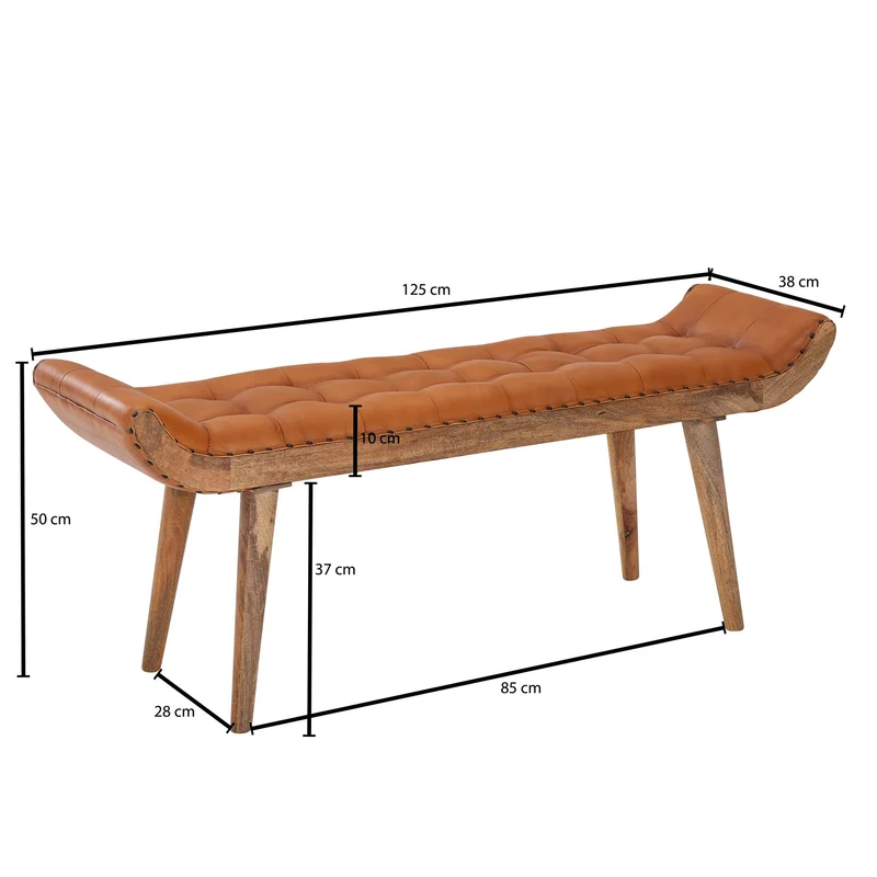 Sitzbank Chesterfield Echtleder Massivholz Braun 125x50x38cm Modern