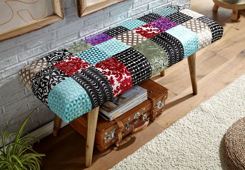 Sitzbank Patchwork Samt Massivholz 117x51x38cm Modern Flur Esszimmer
