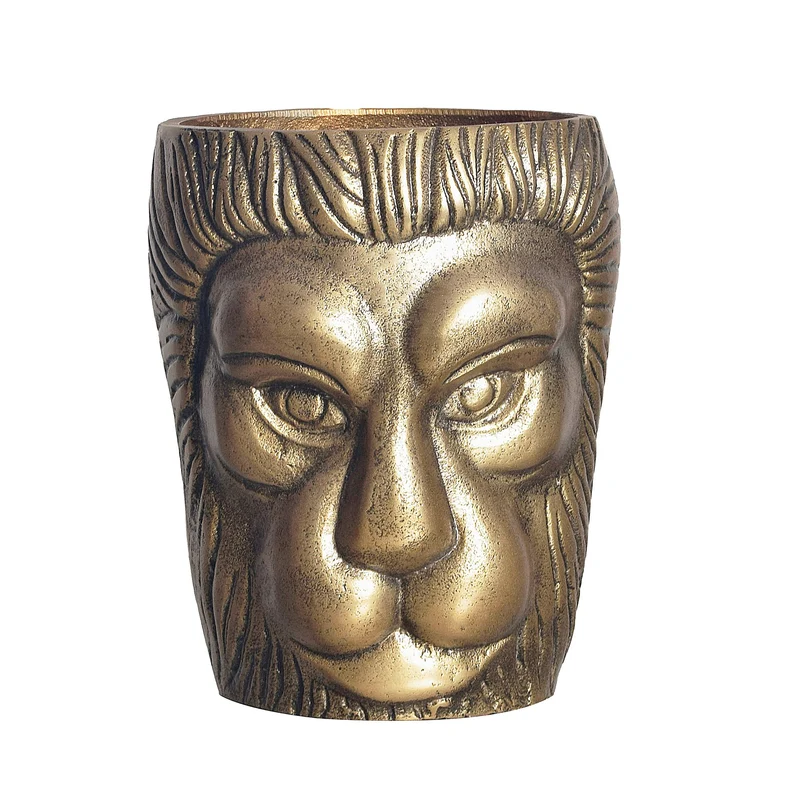 Vase Löwenkopf 21cm Aluminium Gold Modern Tischdeko Handgefertigt