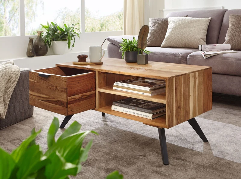 Couchtisch Akazie Massivholz 95x45x45cm Rechteckig mit Stauraum